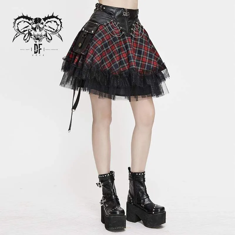 Frauen Gothic Strappy Mesh Plaid Röcke mit Ketten