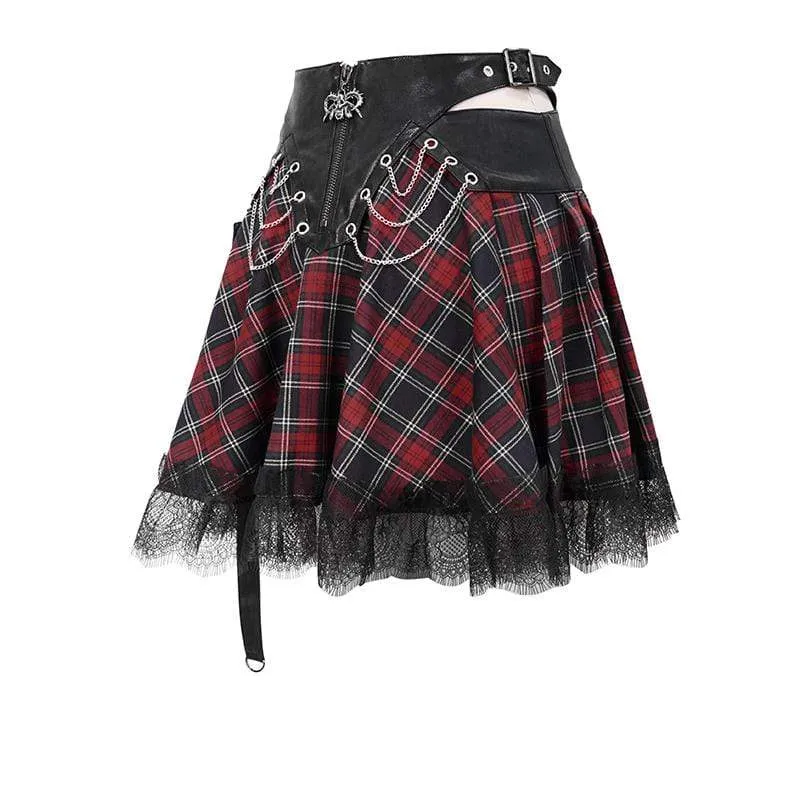 Frauen Gothic Strappy Mesh Plaid Röcke mit Ketten
