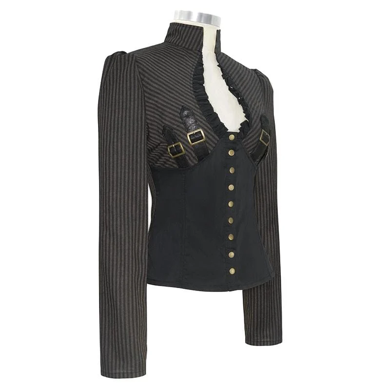 Frauen Gothic gestreiften Falbala Spleißen Kunstleder Shirts