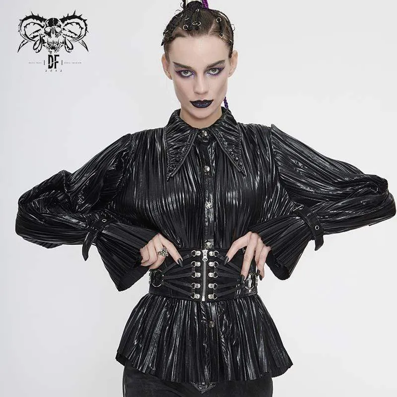 Damen Gothic Black Shimmer Long Ruffle Sleeved Shirts