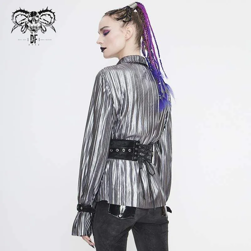 Damen Gothic Silver Shimmer Langarmhemden mit Rüschenärmeln