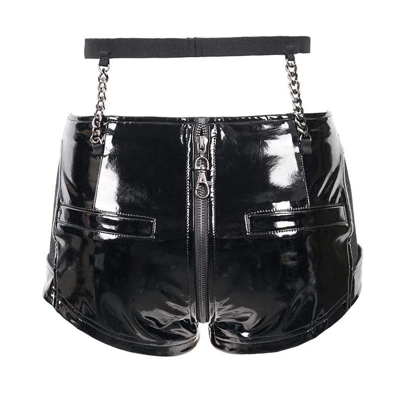 Damen Gothic Black Net Inset Sexy PU Ledershorts