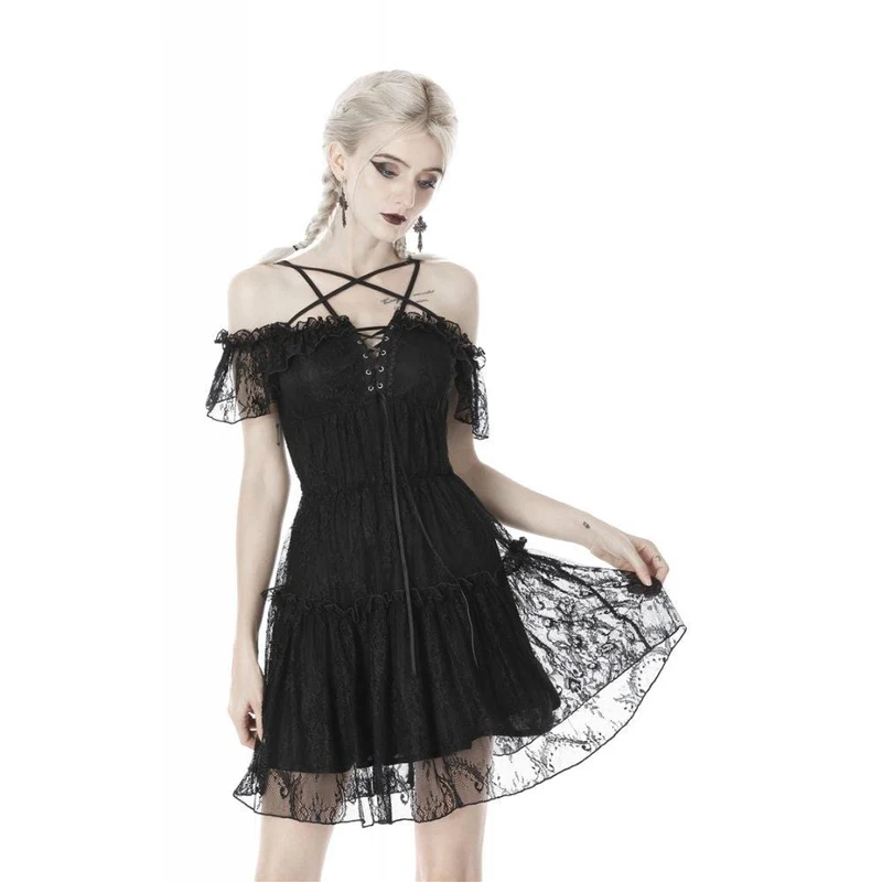 Gothic-Spitzenkleid für Damen mit Sternenmuster, kurzen Ärmeln und Abschlusskleid