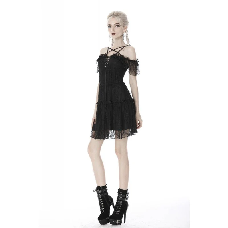 Gothic-Spitzenkleid für Damen mit Sternenmuster, kurzen Ärmeln und Abschlusskleid