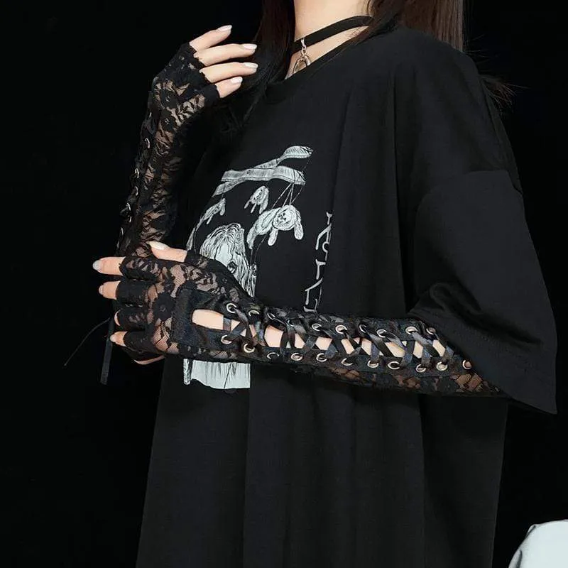 Frauen Punk Lace Pattern Ribbon Kordelzug Handschuhe