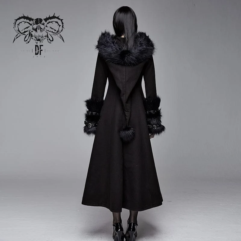 Gothic schwarze Kapuzenkleider für Damen mit abnehmbaren, flauschigen Accessoires