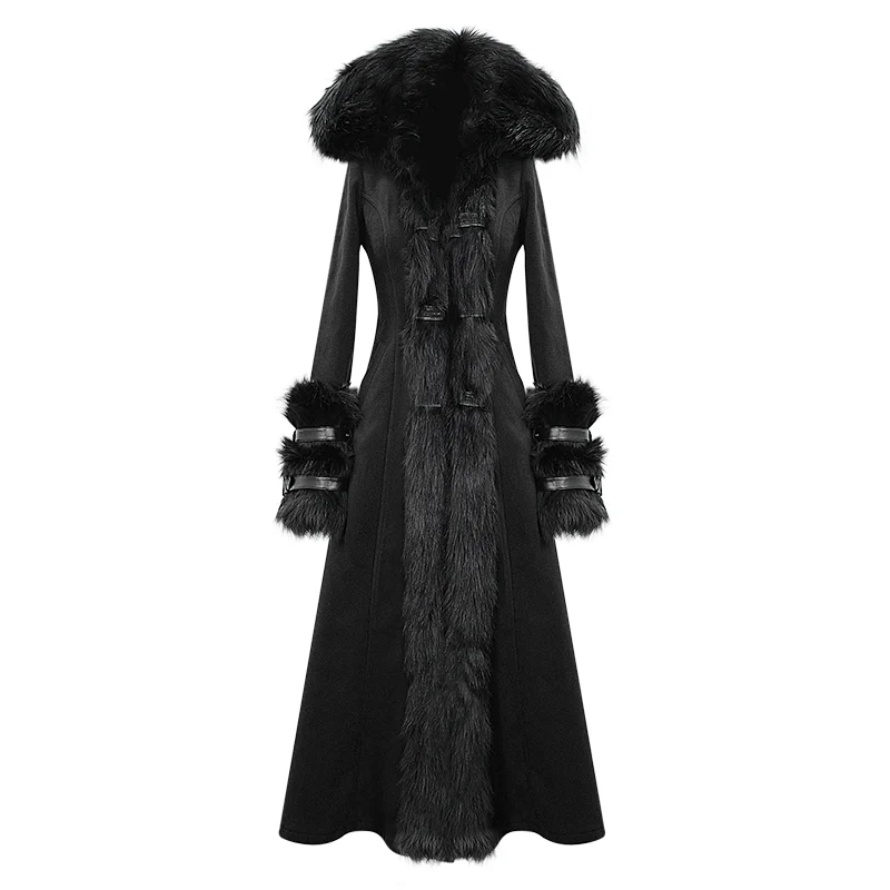 Gothic schwarze Kapuzenkleider für Damen mit abnehmbaren, flauschigen Accessoires