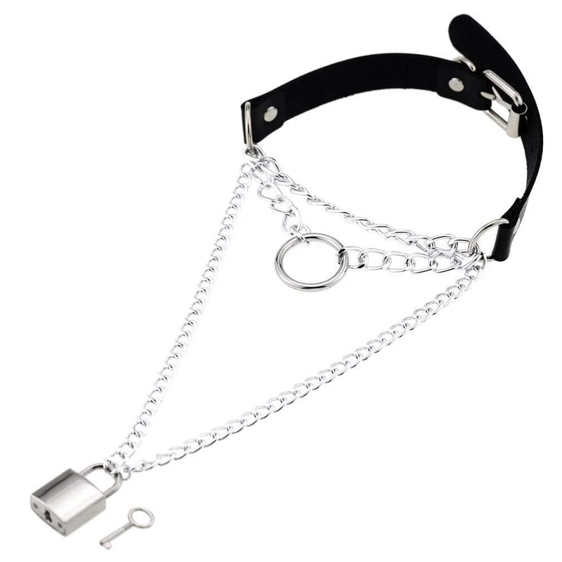 Frauen Metallkette Kunstleder Halsreif Mit Schloss & Schlüssel