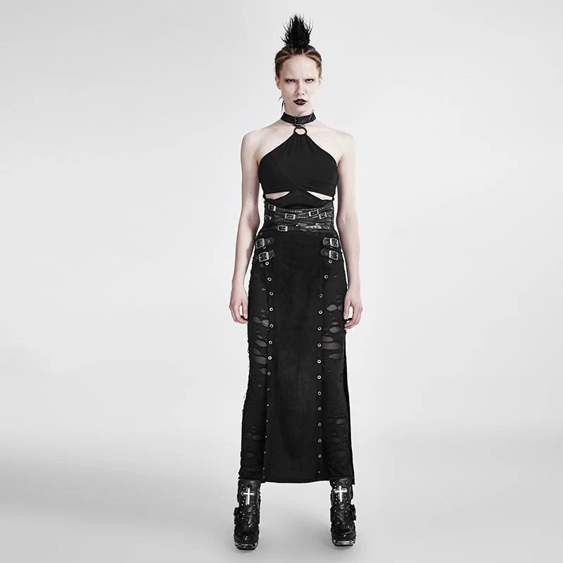Frauen Steampunk Buckle Up Side Slit Maxirock
