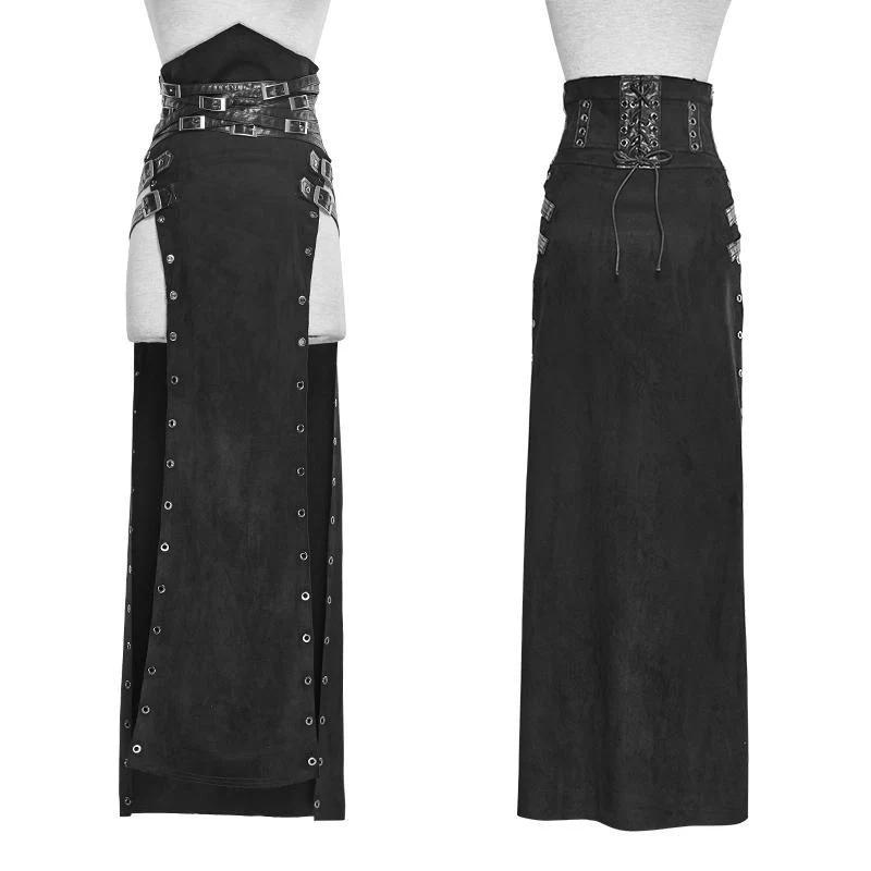 Frauen Steampunk Buckle Up Side Slit Maxirock
