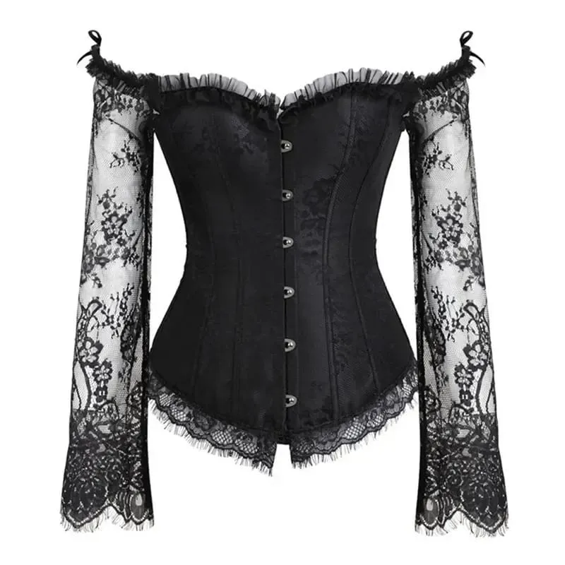 Damen Gothic Floral Lace Sleeved Overbust Korsetts