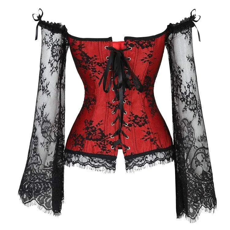 Damen Gothic Floral Lace Sleeved Overbust Korsetts