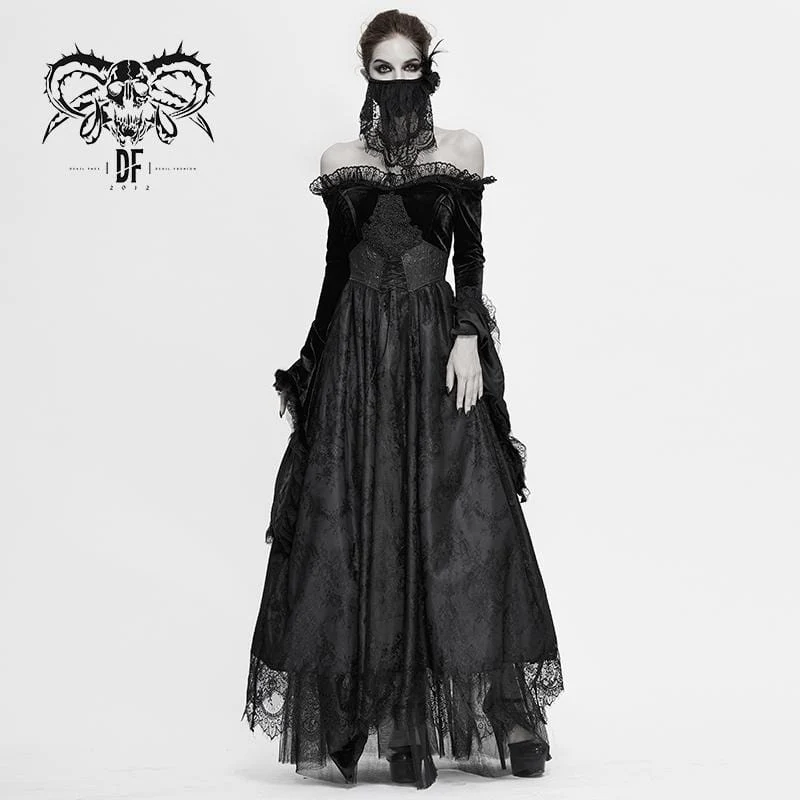 Damen Gothic Kunstpelz Off-Schulter Spitzenkleider Brautkleid