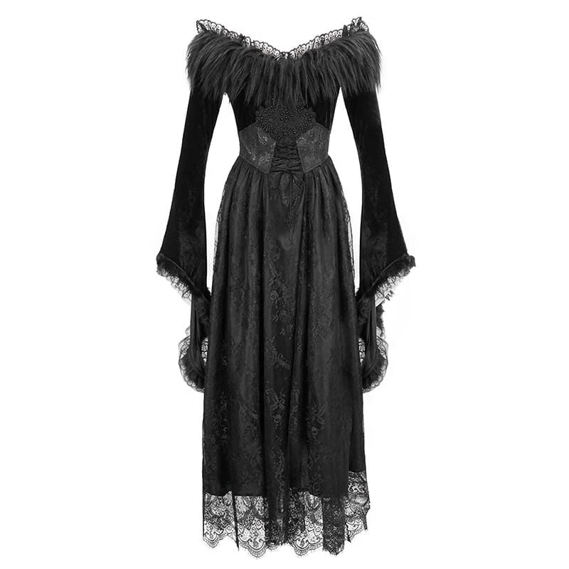 Damen Gothic Kunstpelz Off-Schulter Spitzenkleider Brautkleid
