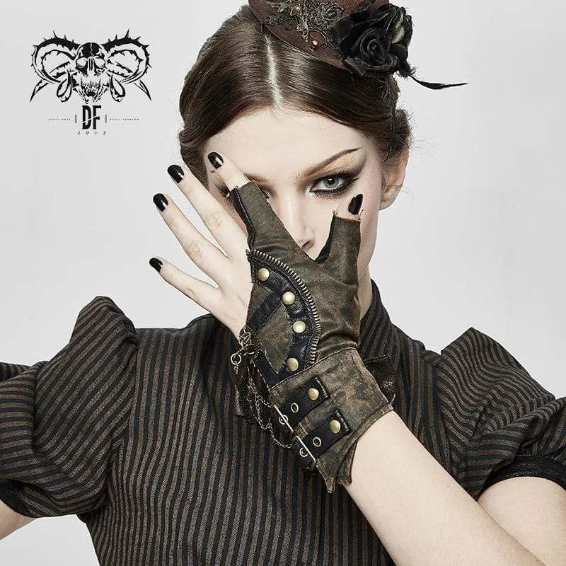 Damen Steampunk Gears Zipper Unregelmäßige Handschuhe