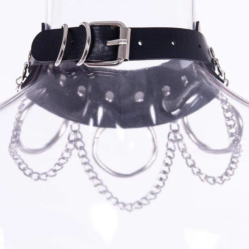 Damen Punk Metall Ketten Kunstleder breites Halsband mit drei Ringen