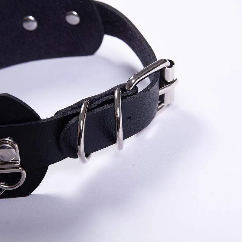 Damen Punk Metall Ketten Kunstleder breites Halsband mit drei Ringen
