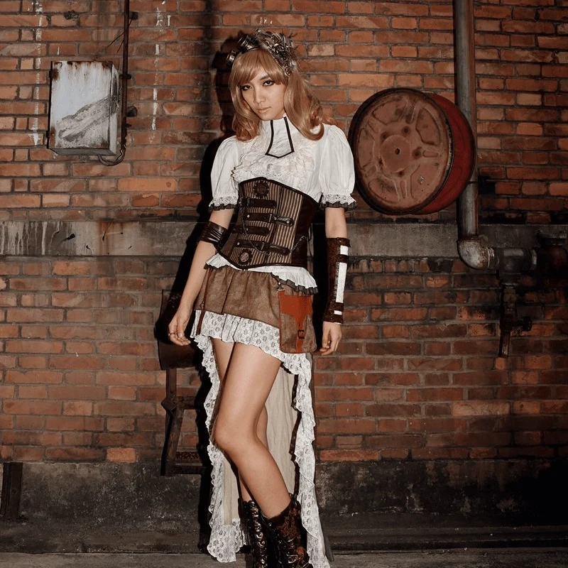 Steampunk-Leder- und Stoffkorsett für Damen