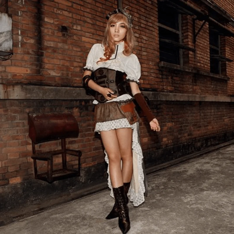 Steampunk-Leder- und Stoffkorsett für Damen