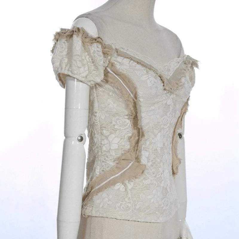 Damen Vintage Off Schulter Lace Short Top