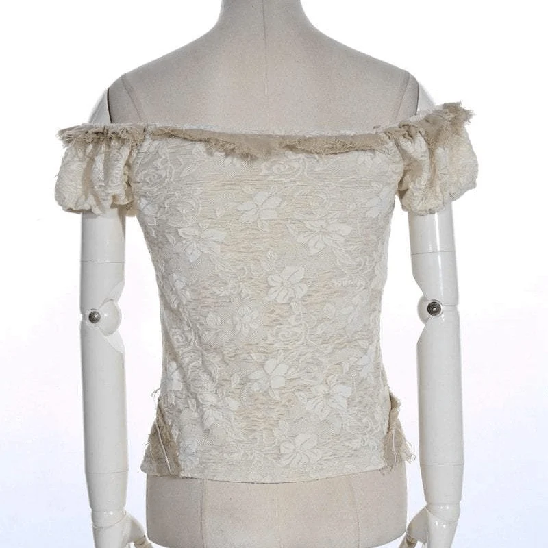 Damen Vintage Off Schulter Lace Short Top