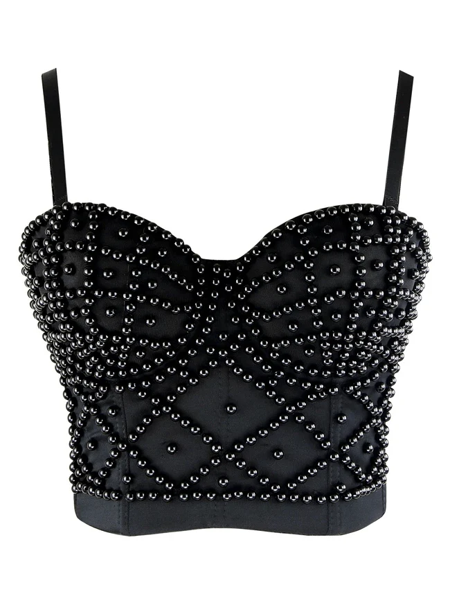 Damen Spaghettiträger Perlen Clubwear Party BH Top