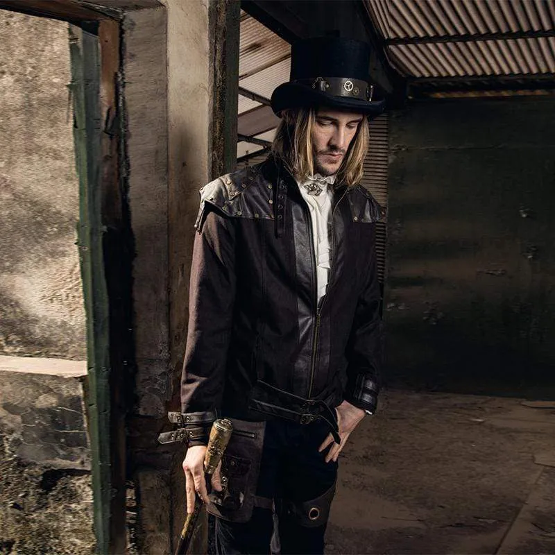Herren Steampunk Kunstleder Epaulet Jacke