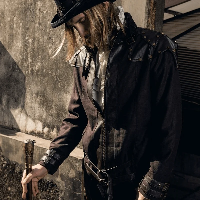 Herren Steampunk Kunstleder Epaulet Jacke