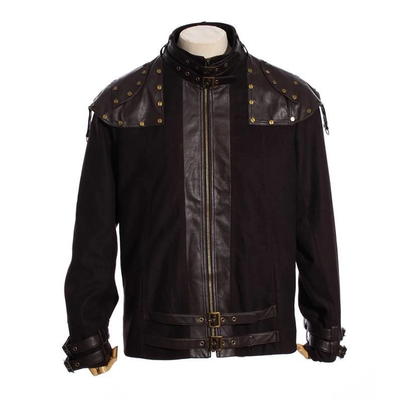 Herren Steampunk Kunstleder Epaulet Jacke