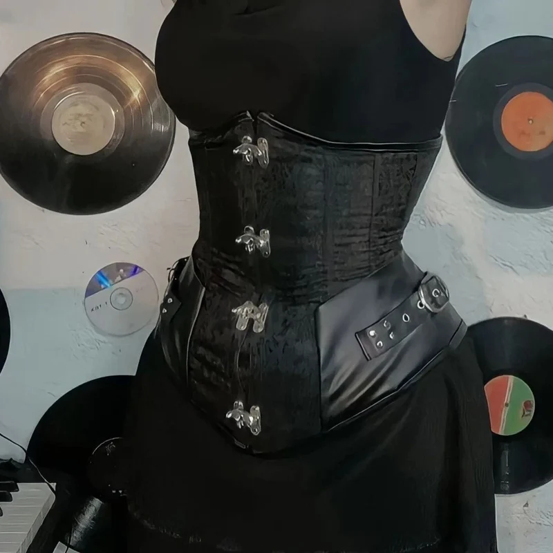 Damen Gothic Jacquard Spleißen Kunstlederketten Overbust Korsetts mit T-Rücken
