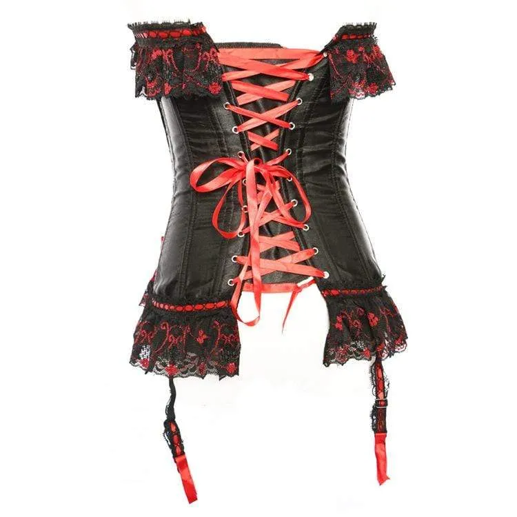 Damen Gothic Lace Hem Kontrast Farbe Bowknot Overbust Korsetts mit T-Rücken