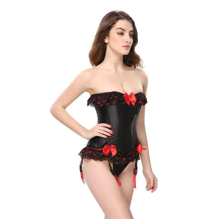 Damen Gothic Lace Hem Kontrast Farbe Bowknot Overbust Korsetts mit T-Rücken