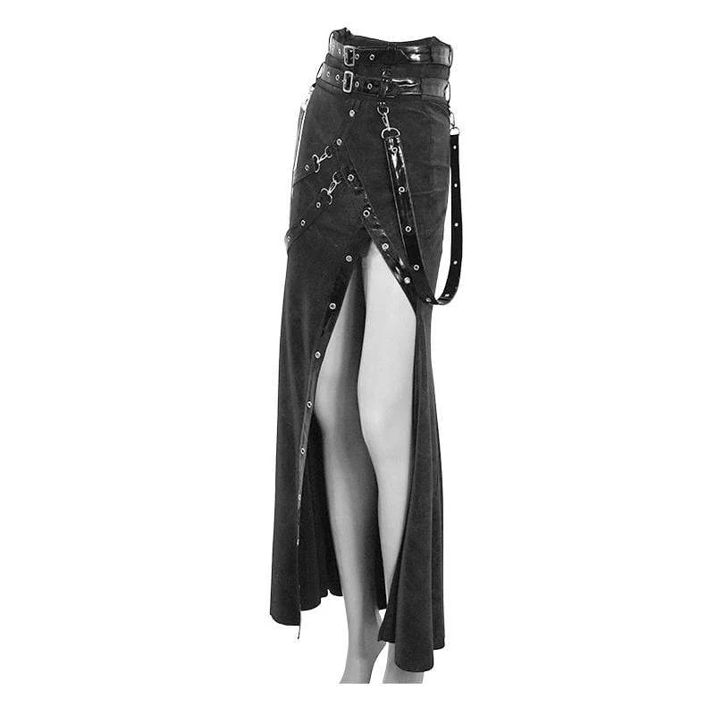 Damen Gothic PU Gürtel Schlitz Wickelröcke