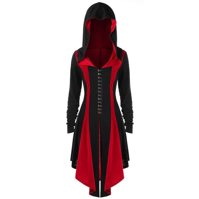 Frauen Gothic Buckles Full Sleeved Hooded unregelmäßigen Saum Strickjacke Mäntel