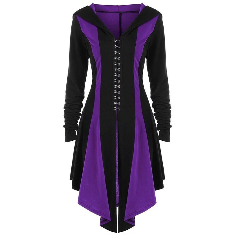 Frauen Gothic Buckles Full Sleeved Hooded unregelmäßigen Saum Strickjacke Mäntel