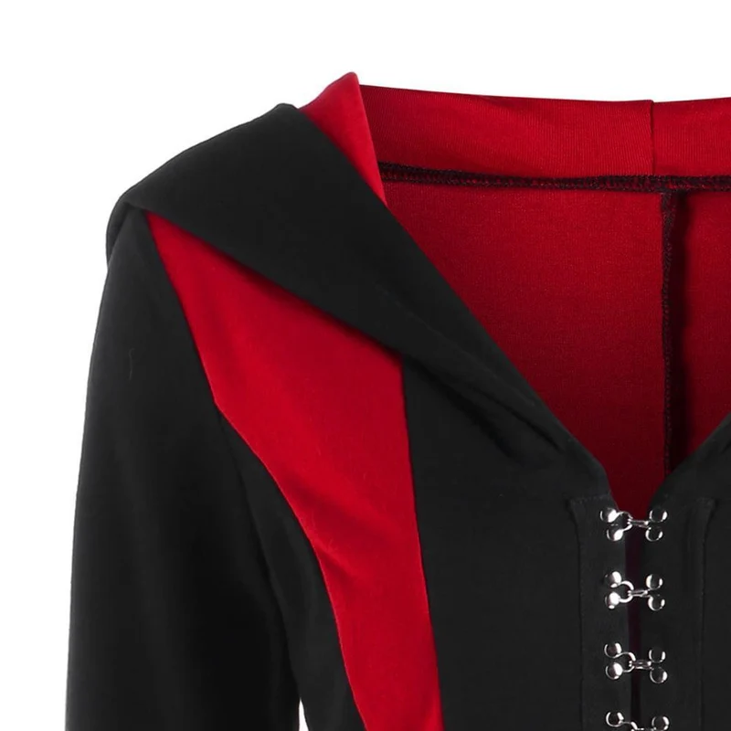 Frauen Gothic Buckles Full Sleeved Hooded unregelmäßigen Saum Strickjacke Mäntel