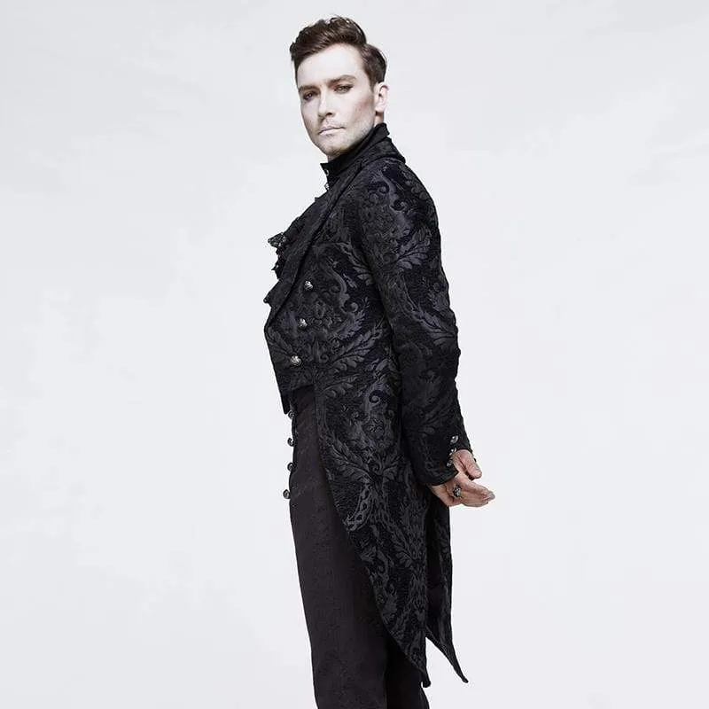 Herren Goth Jacquard Zweireiher Schwarz Schwalbenschwanz Mantel