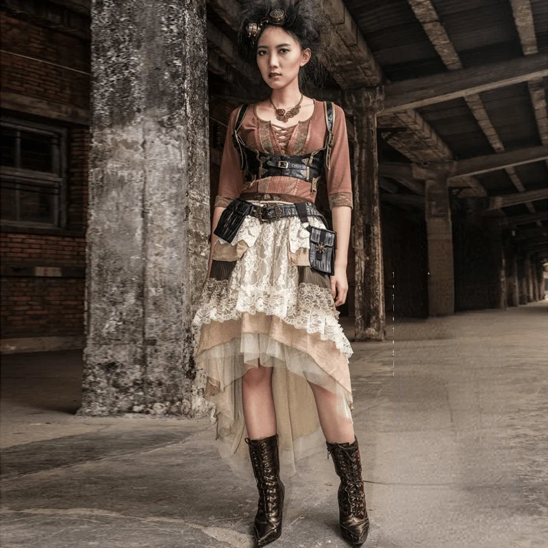 Mehrschichtiger Vintage-Rock mit Rüschen in mittlerer Länge für Damen