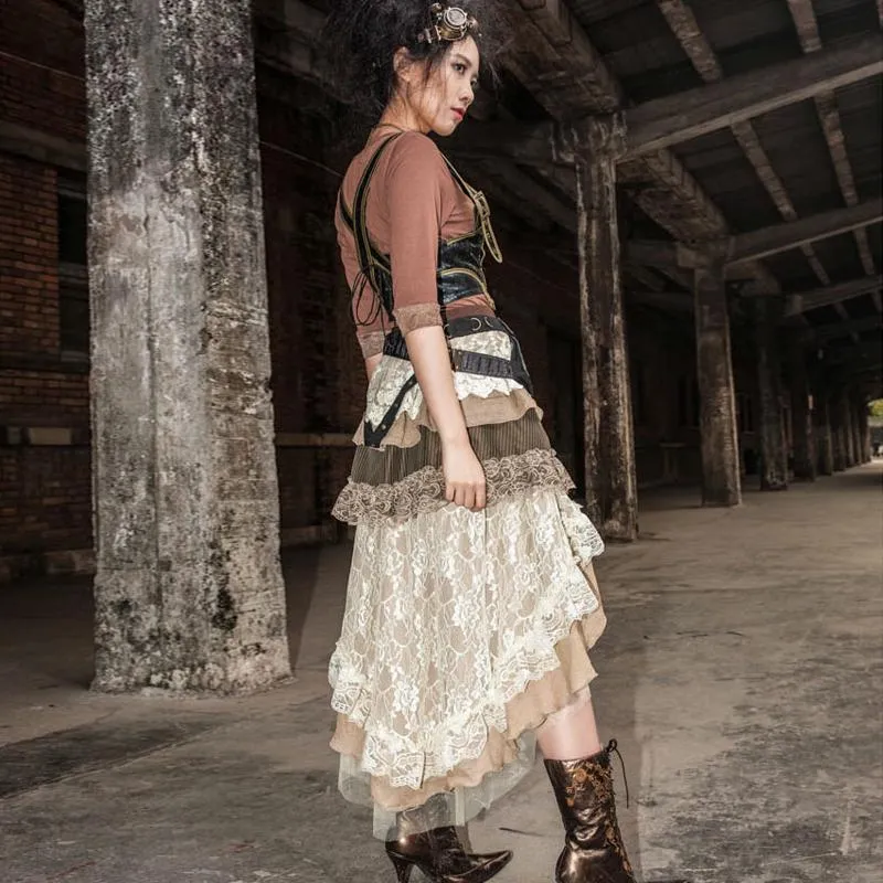 Mehrschichtiger Vintage-Rock mit Rüschen in mittlerer Länge für Damen