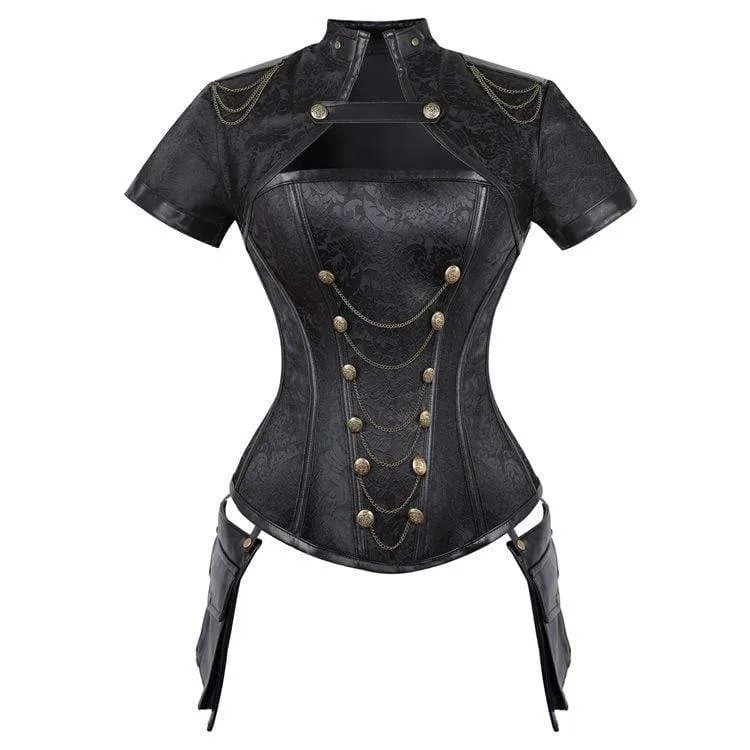 Damen Gothic Floral Sleeved High Collar Overbust Korsetts