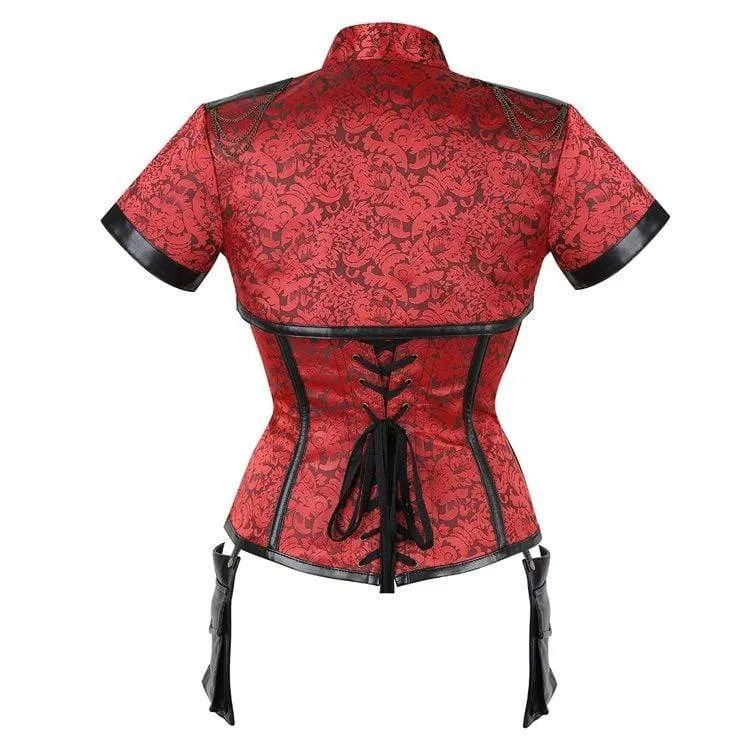 Damen Gothic Floral Sleeved High Collar Overbust Korsetts