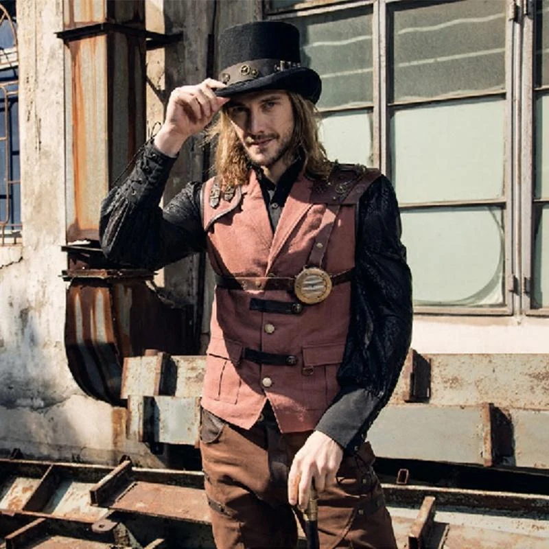 Herren Steampunk Kunstleder Akzent Explorer Weste