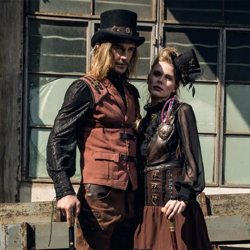 Herren Steampunk Kunstleder Akzent Explorer Weste