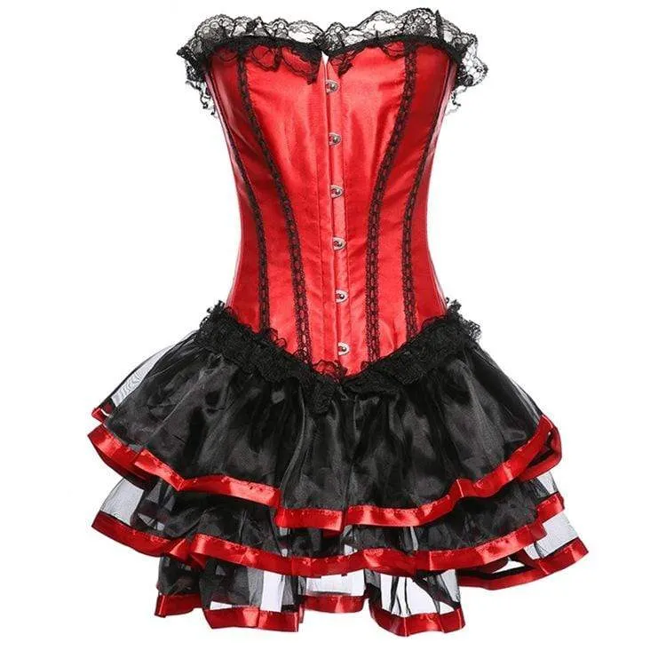 Damen Vintage Spitzen Saum Satin Überbrust Korsetts Mit Röcken