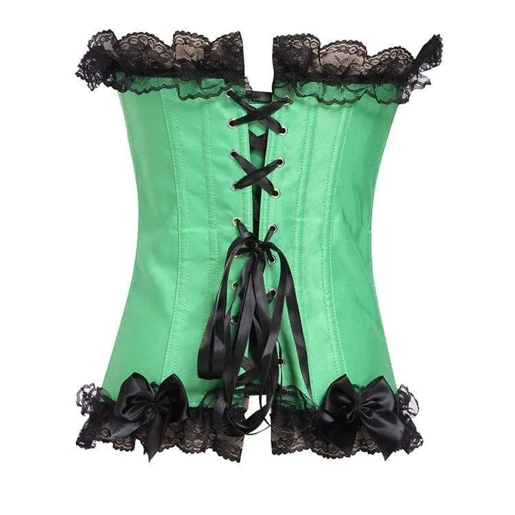 Damen Gothic Lace Hem Floral Mesh Spleißen Satin Overbust Korsetts mit T-Rücken