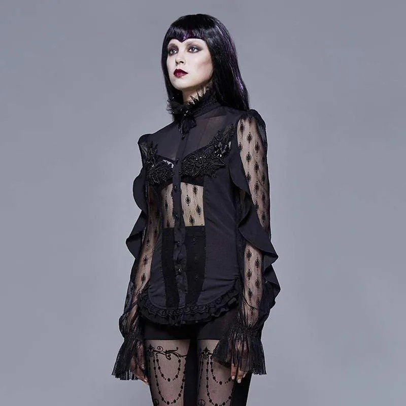 Frauen Goth Floral Lace Sheer Shirt