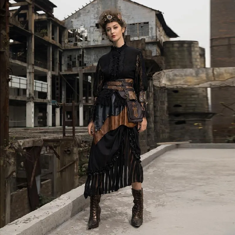 Abgestufter Damen-Rock aus Kunstleder und Steampunk-Netz