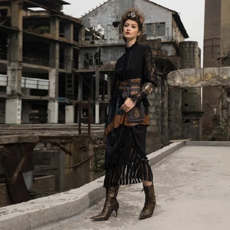 Abgestufter Damen-Rock aus Kunstleder und Steampunk-Netz