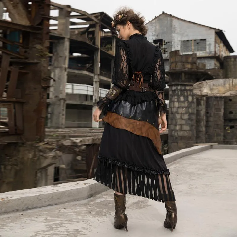 Abgestufter Damen-Rock aus Kunstleder und Steampunk-Netz