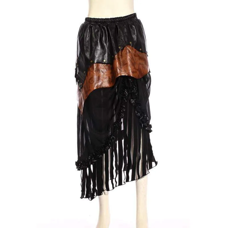 Abgestufter Damen-Rock aus Kunstleder und Steampunk-Netz